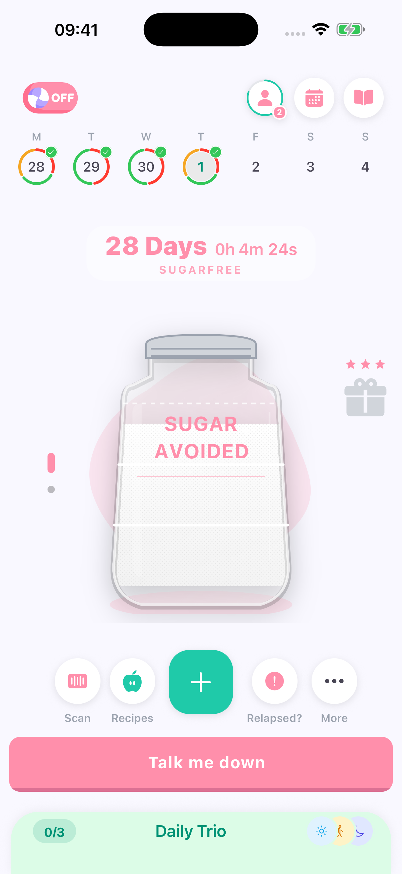 Sweet Off home screen with the Talk me down button for craving support
